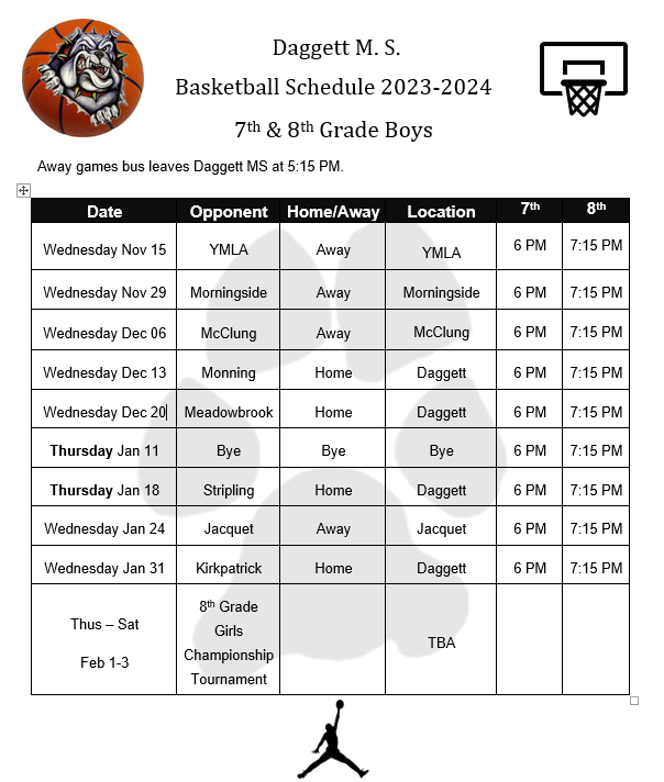 2023 Boys BB Schedule